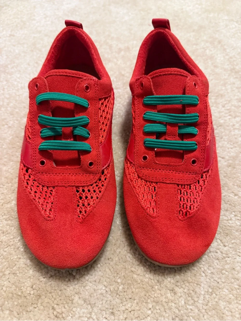 Women's Red Athletic Sneakers with Green Laces